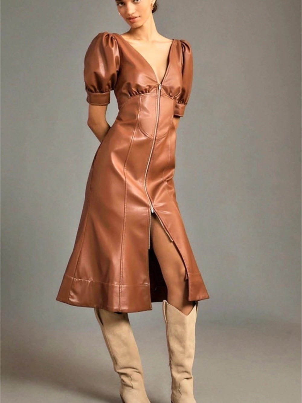 Anthropologie Faux Leather Puff-Sleeve Zip-Front Midi Dress Brown size 4